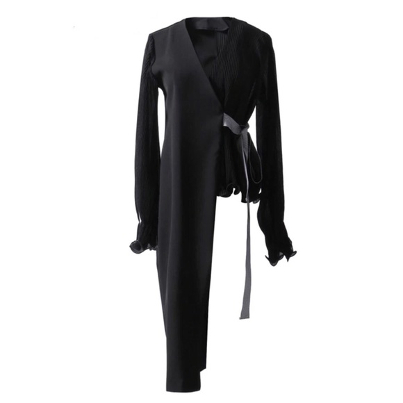 Black & White Pleated Asymmetrical Wrap Top - Picture 3 of 8